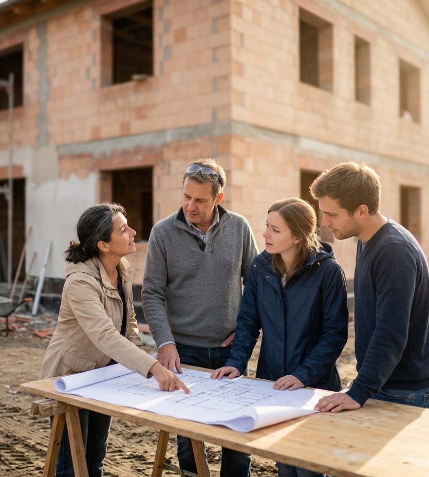 Olga und Albert besprechen mit Bauherren den Bauplan für ihr neues Massivhaus