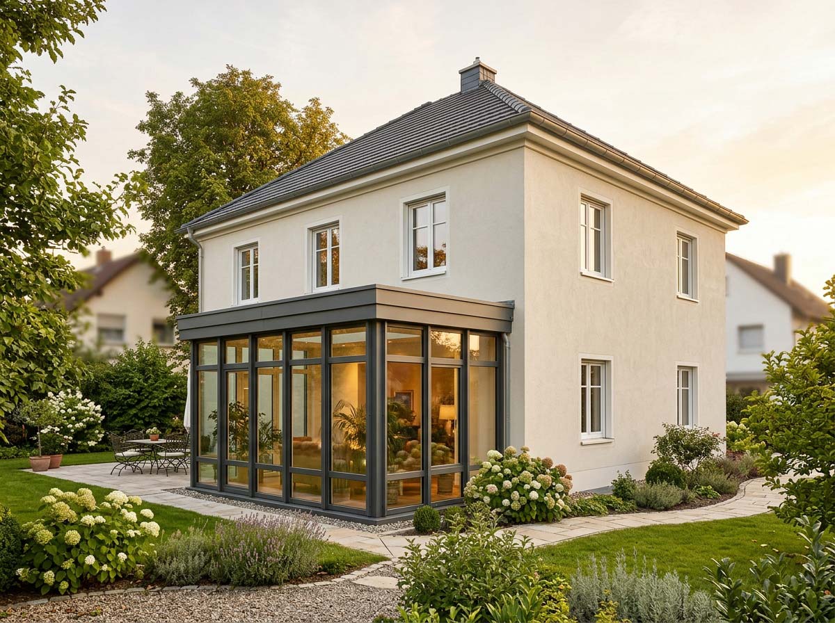 Massivhaus mit individuellem Wintergarten-Anbau als hybride Bauoption von OAH Immobilien