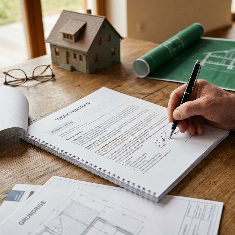 Unterschrift unter den Festpreis-Werkvertrag für den Hausbau ohne versteckte Mehrkosten