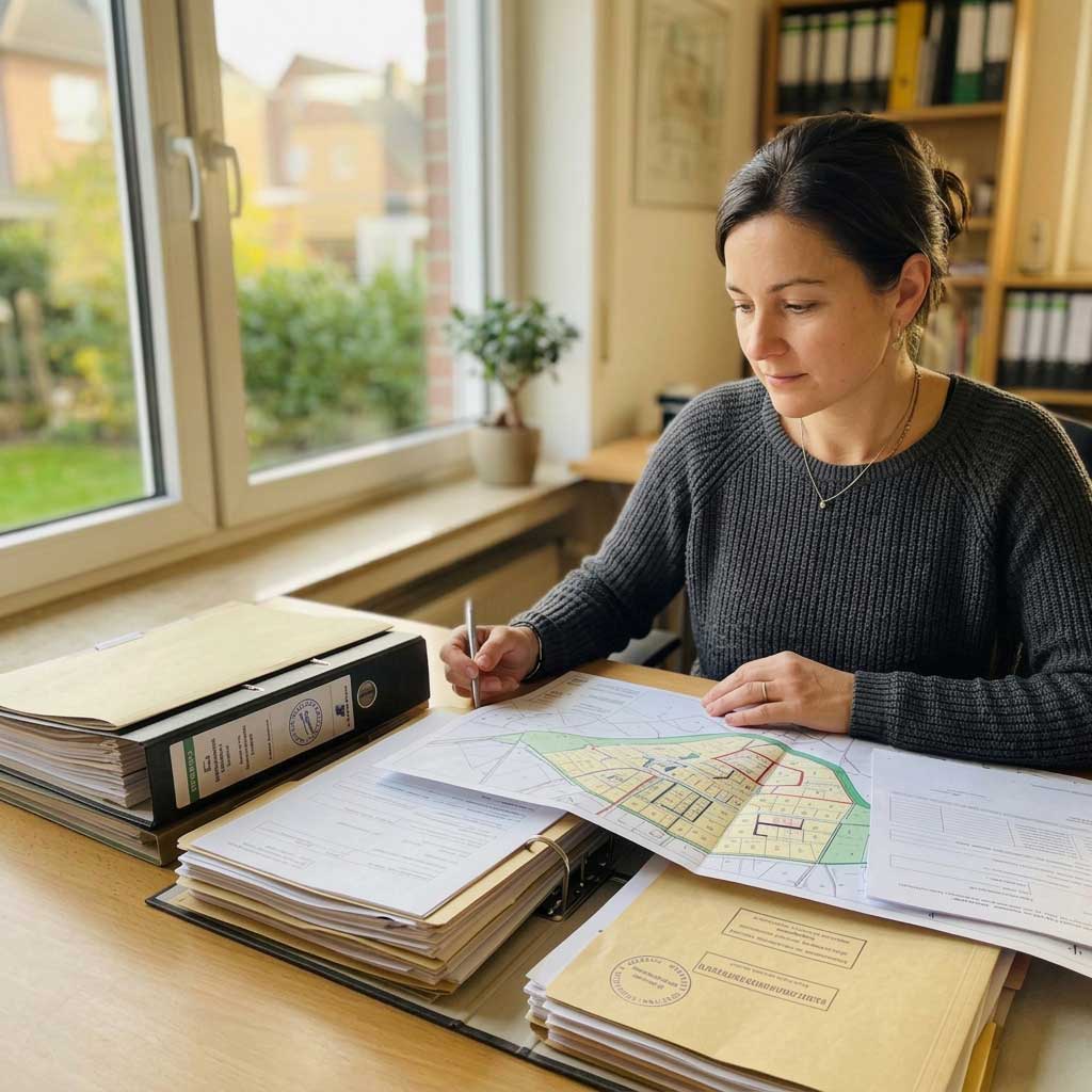 Olga Hatzenbühler prüft Bebauungsplan und Bauantrag für die Baugenehmigung