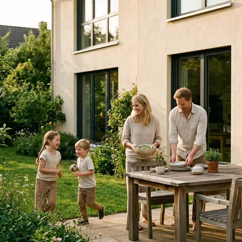 Familie deckt den Holztisch auf der Terrasse, während zwei Kinder im Garten spielen